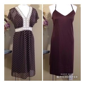 NEW 2 pc Sheer Slip dress Polkadot Cap Sleeve Tie Back V-neck Embroidery size 10